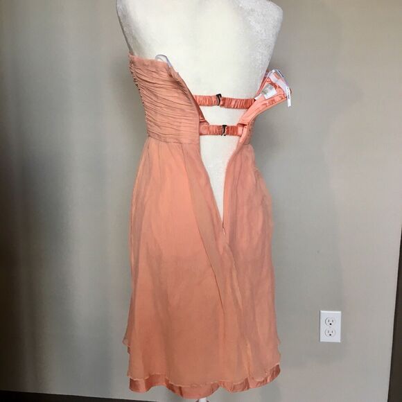 Donna Morgan Sz 2 Orange Coral Pink Dress Strapless Sweetheart Crinkle Silk - Picture 2 of 12